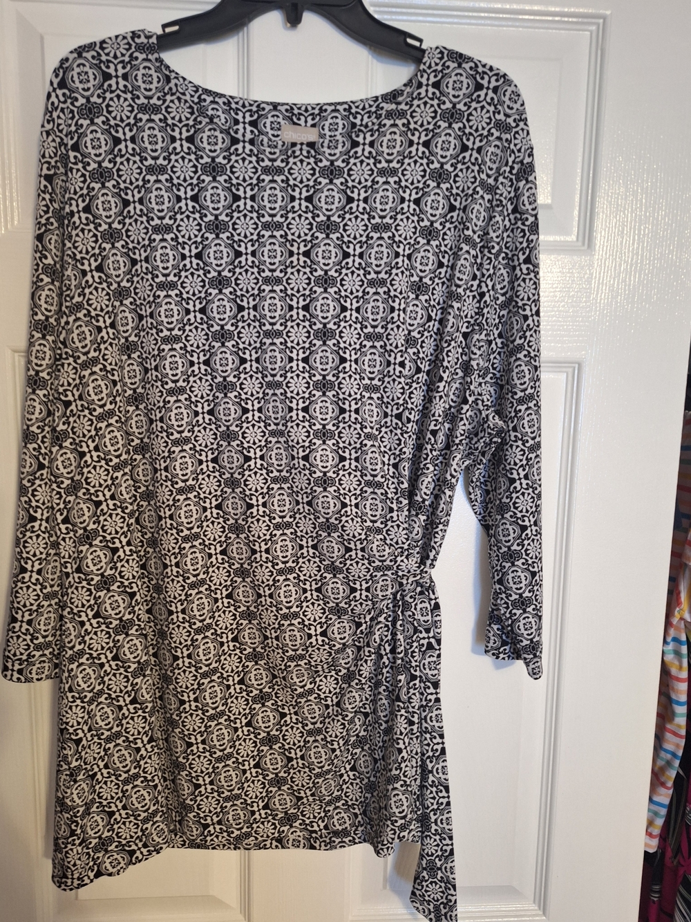 Chico's Black and White Geometric Tie-Waist Tunic